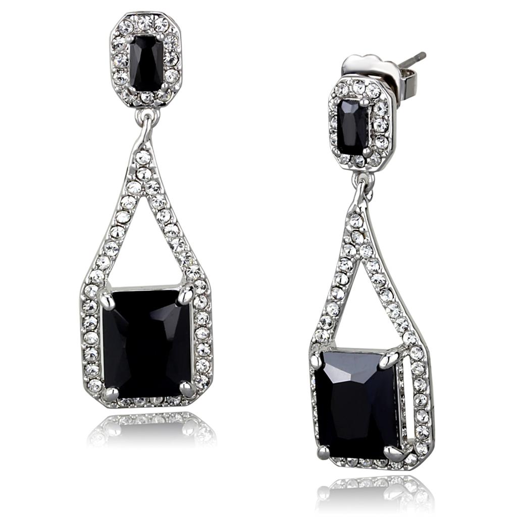 LO3758 - Rhodium Brass Earrings with AAA Grade CZ  in Jet-0