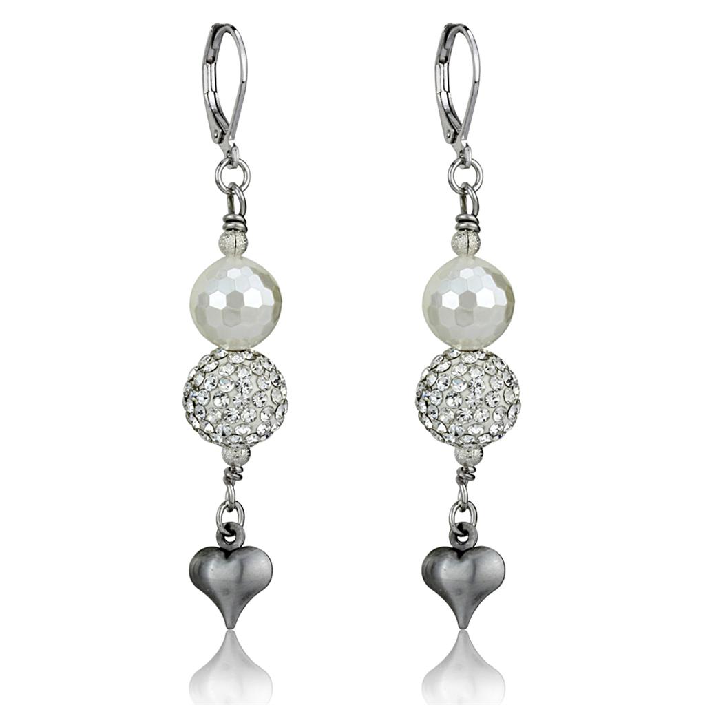 LO3804 - Antique Silver White Metal Earrings with Synthetic Glass Bead in White-0