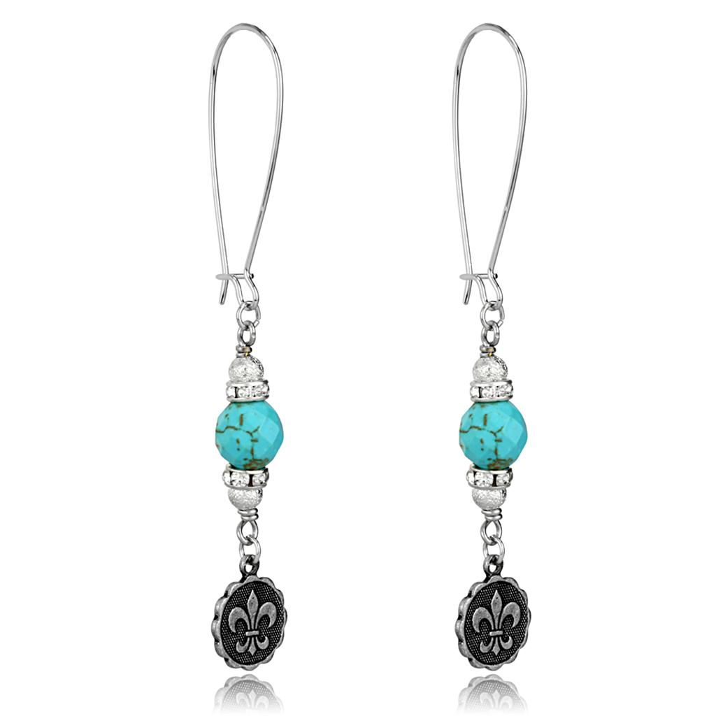 LO3807 - Antique Silver White Metal Earrings with Synthetic Turquoise in Turquoise-0