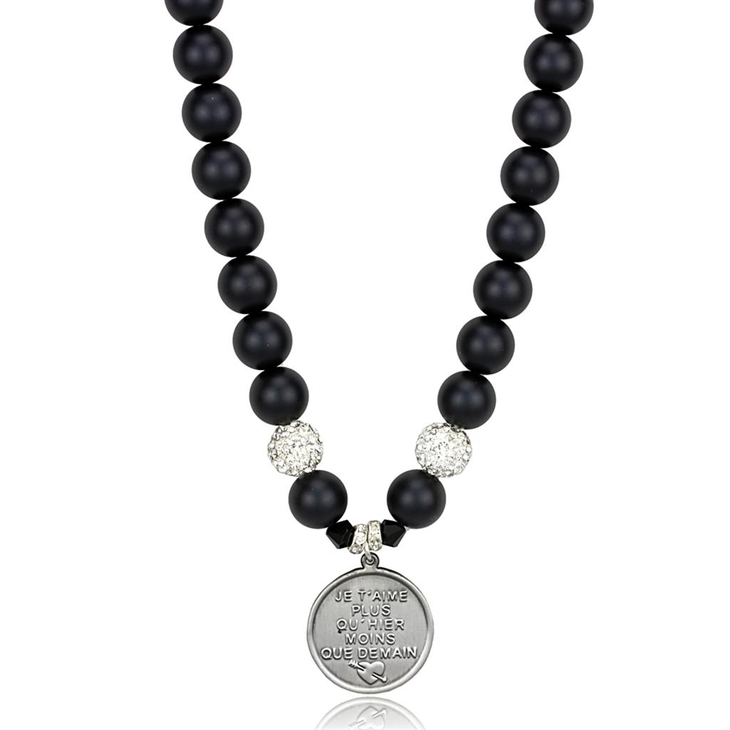 LO3815 - Antique Silver White Metal Necklace with Synthetic Glass Bead in Jet-0