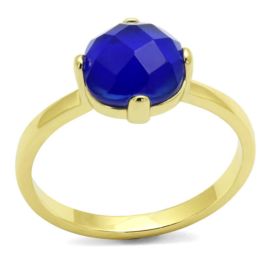 LO4072 - Flash Gold Brass Ring with Synthetic Cat Eye in Sapphire-0