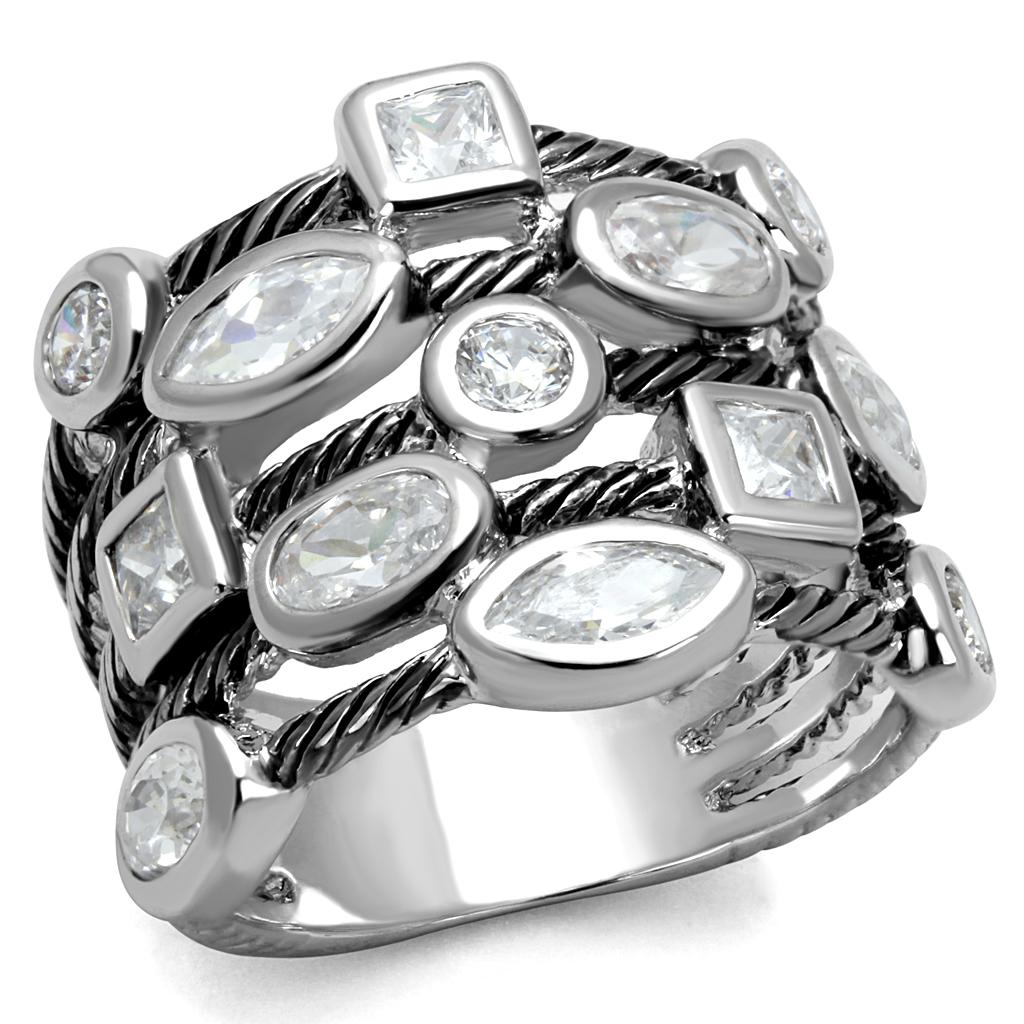 LO4083 - Rhodium Brass Ring with AAA Grade CZ  in Clear-0