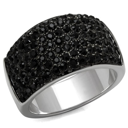 LO4086 - Rhodium+Hematite Brass Ring with Top Grade Crystal  in Jet-0