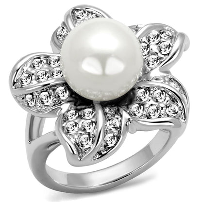 LO4088 - Rhodium Brass Ring with Synthetic Pearl in White-0