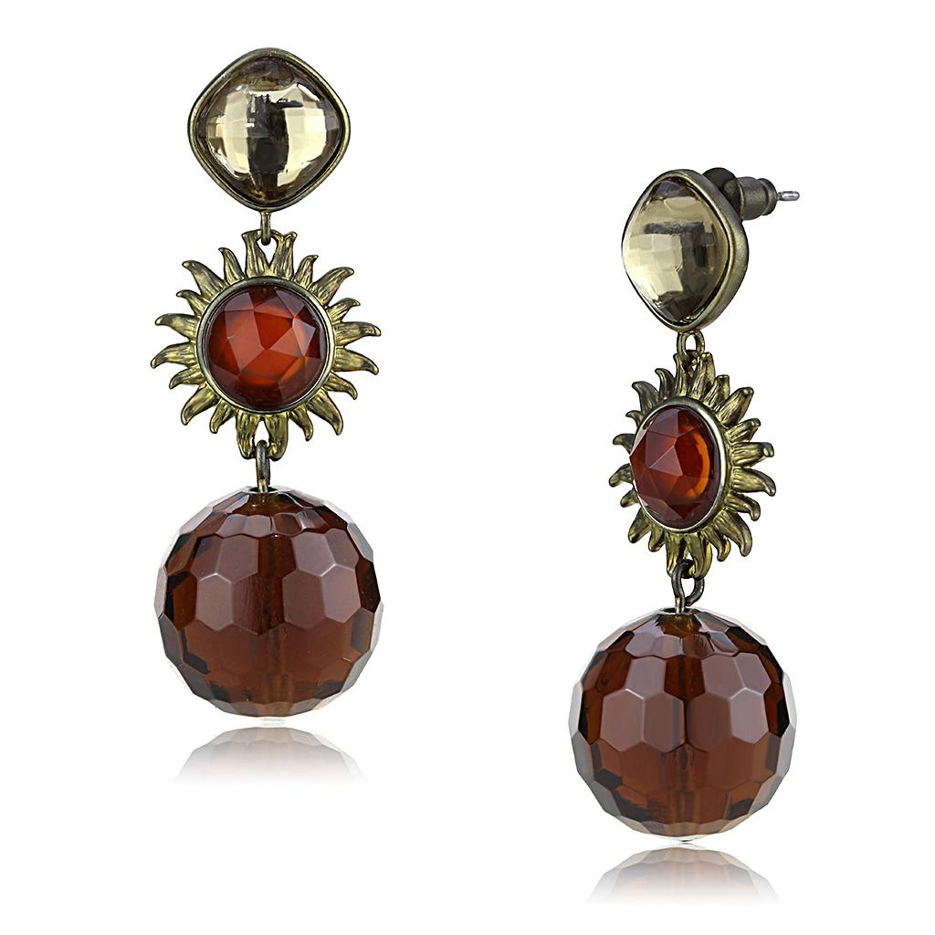 LO4179 - Antique Copper Brass Earrings with Synthetic Synthetic Glass in Brown-0
