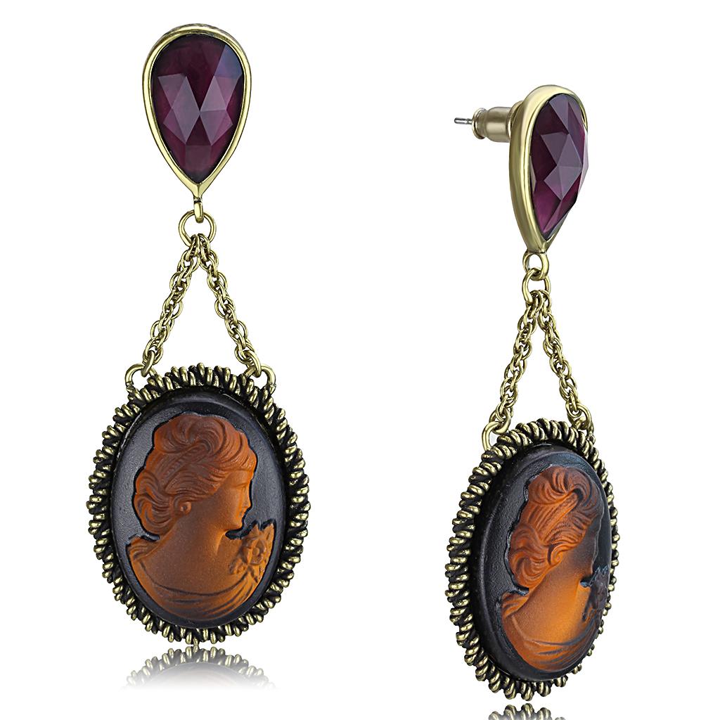 LO4182 - Antique Copper Brass Earrings with Synthetic Synthetic Stone in Smoked Quartz-0