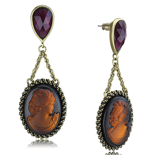 LO4182 - Antique Copper Brass Earrings with Synthetic Synthetic Stone in Smoked Quartz-0