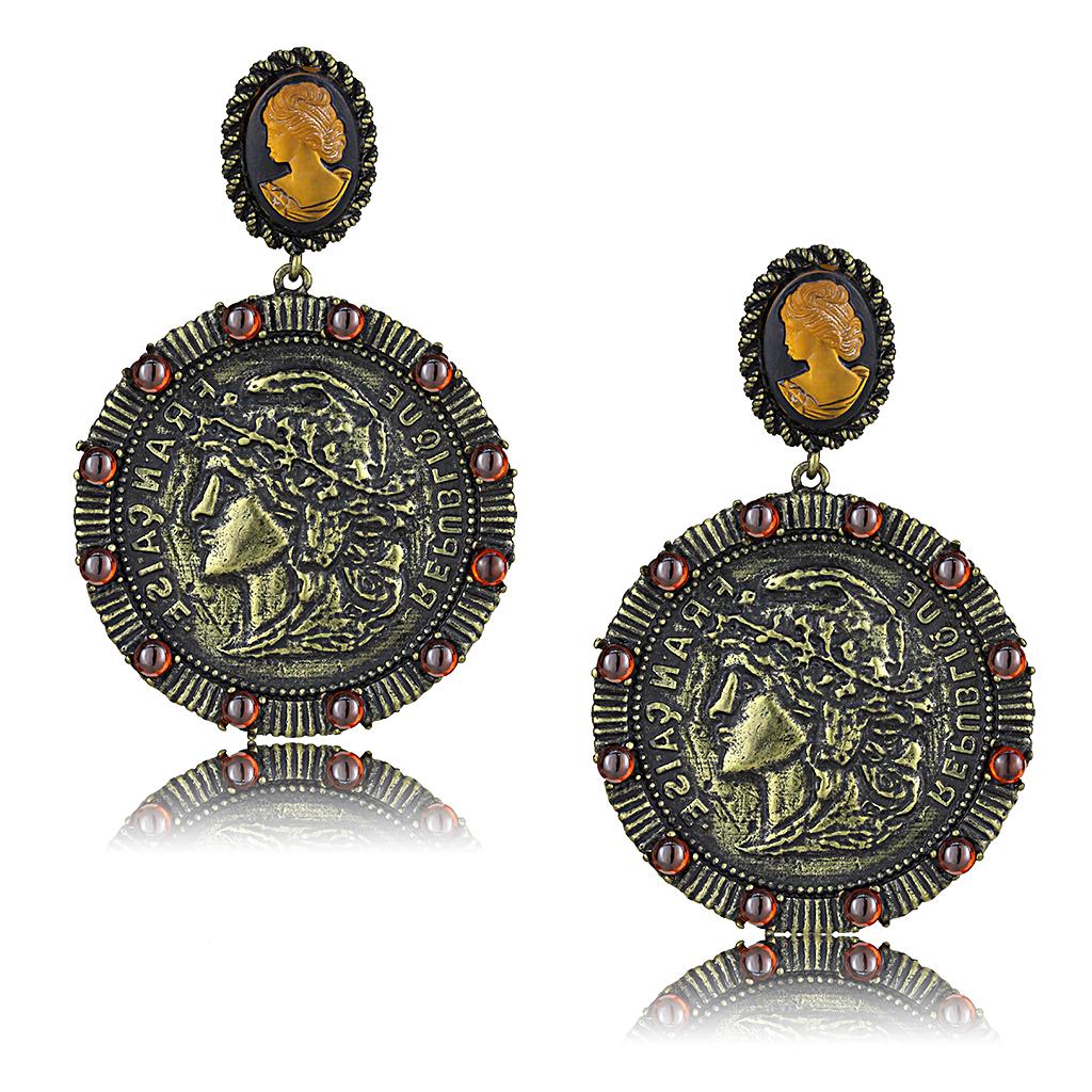 LO4190 - Antique Copper Brass Earrings with Synthetic Synthetic Stone in Smoked Quartz-0