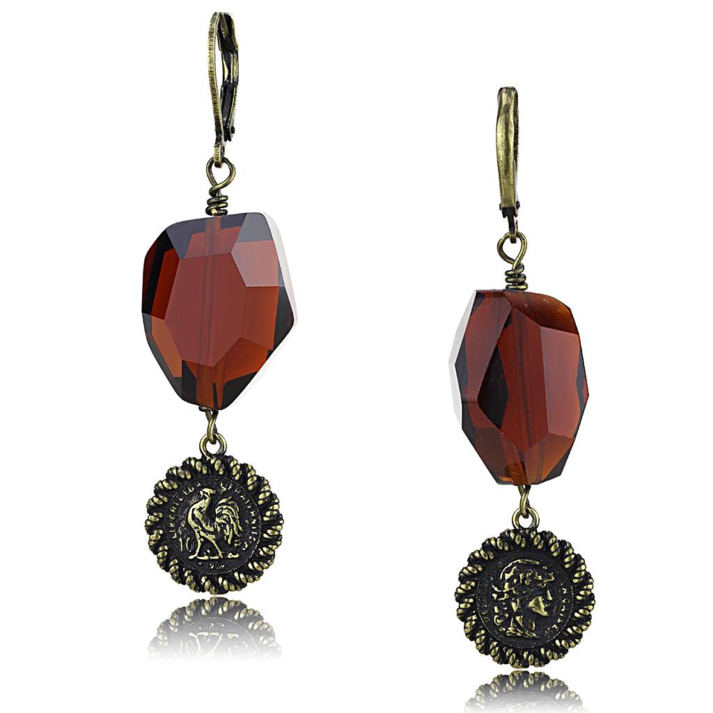 LO4193 - Antique Copper Brass Earrings with Synthetic Synthetic Glass in Garnet-0