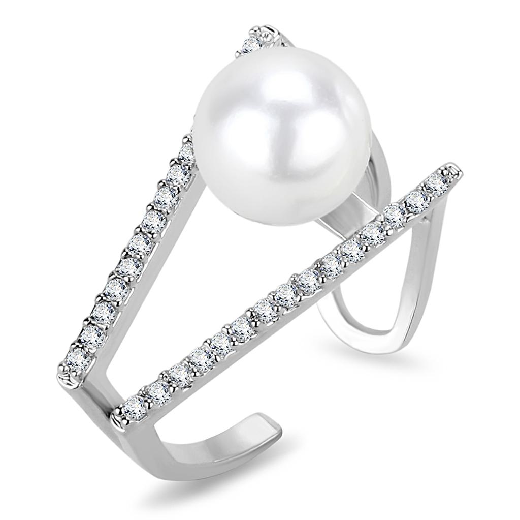 LO4245 - Rhodium Brass Ring with Synthetic Pearl in White-0
