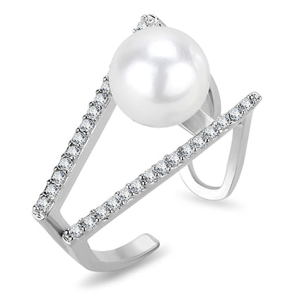 LO4245 - Rhodium Brass Ring with Synthetic Pearl in White-0
