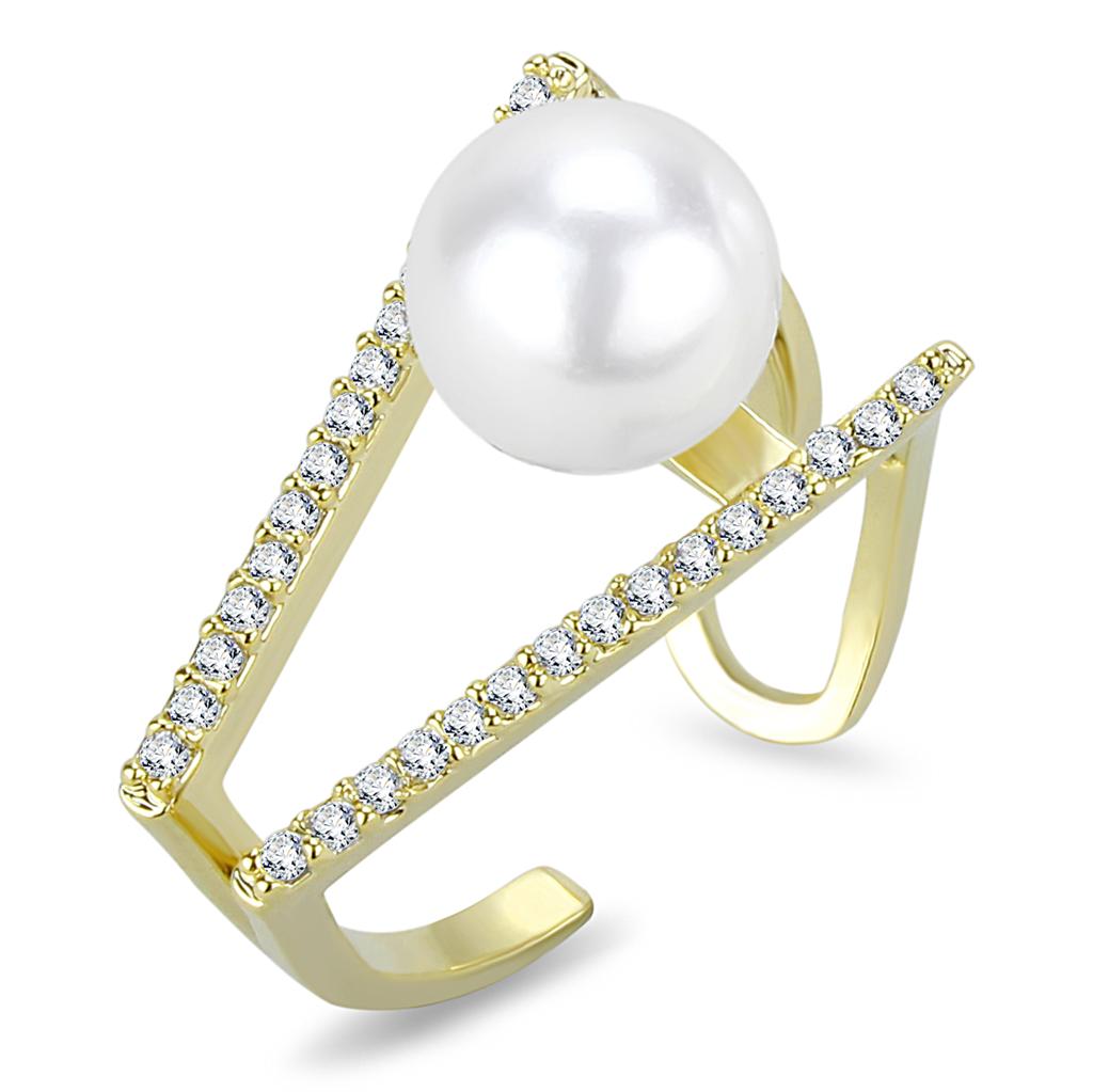 LO4246 - Flash Gold Brass Ring with Synthetic Pearl in White-0