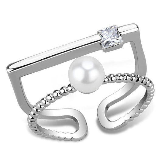 LO4263 - Rhodium Brass Ring with Synthetic Pearl in White-0