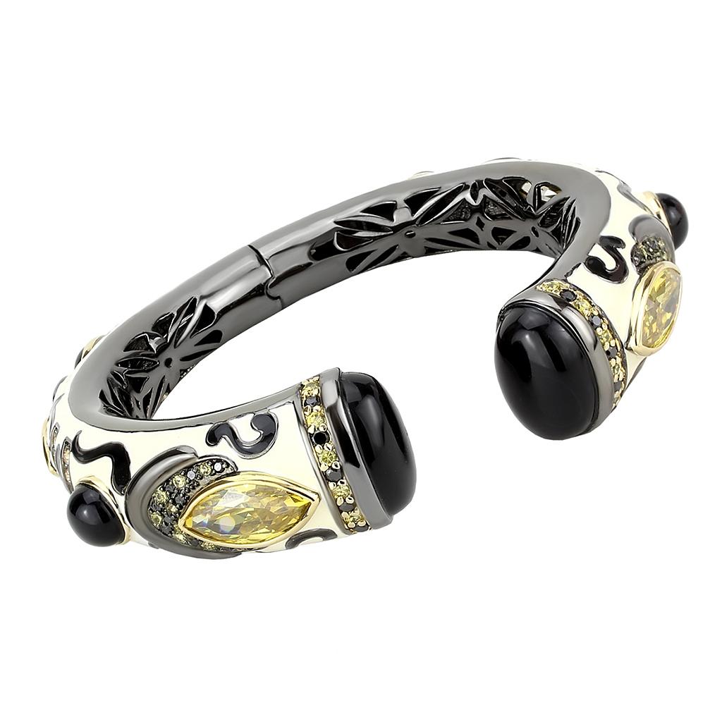 LO4298 - Gold+Hematite Brass Bangle with Synthetic Onyx in Jet-0