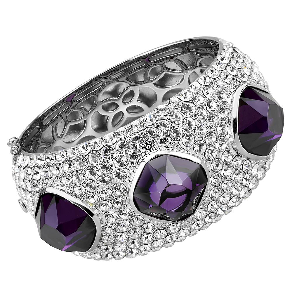 LO4330 - Rhodium Brass Bangle with AAA Grade CZ  in Amethyst-0