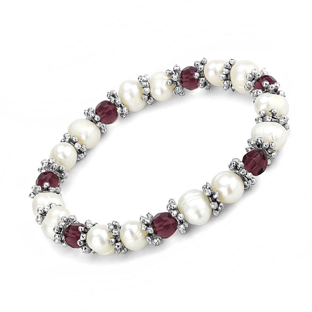 LO4654 - Antique Silver White Metal Bracelet with Synthetic Pearl in Fuchsia-0