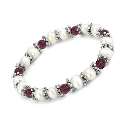 LO4654 - Antique Silver White Metal Bracelet with Synthetic Pearl in Fuchsia-0