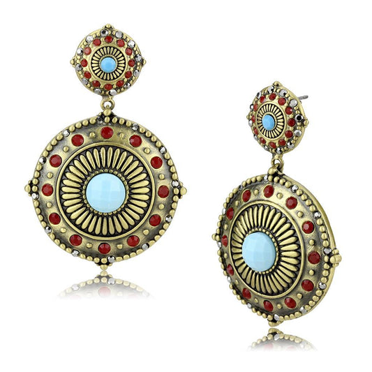 LO4685 - Antique Copper Brass Earrings with Synthetic Turquoise in Sea Blue-0