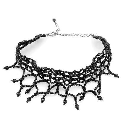 LO4722 - Rhodium Brass Necklace with Synthetic Synthetic Glass in Jet-0