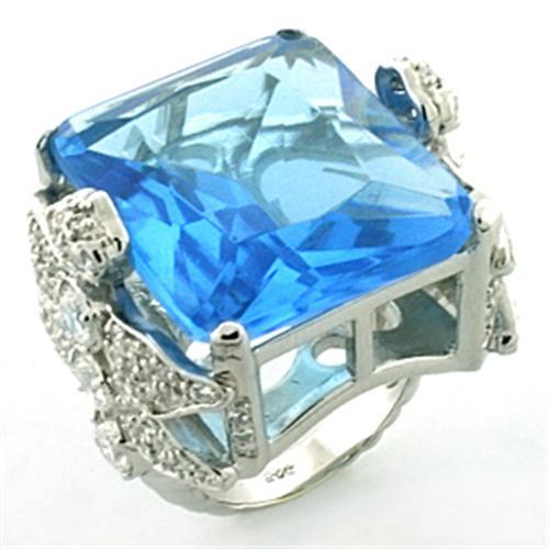 LOA646 - Rhodium 925 Sterling Silver Ring with Synthetic Synthetic Glass in Sea Blue-0