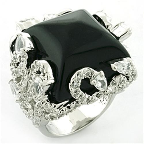 LOA684 - Rhodium Brass Ring with Synthetic Onyx in Jet-0