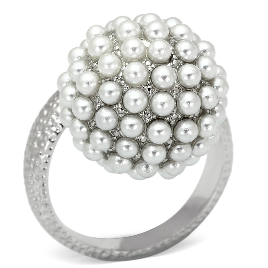 LOA831 - Rhodium Brass Ring with Synthetic Pearl in White-0