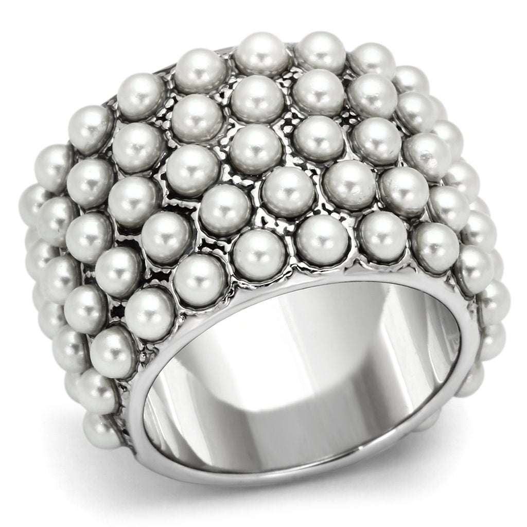 LOA832 - Rhodium Brass Ring with Synthetic Pearl in White-0