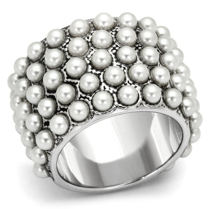 LOA832 - Rhodium Brass Ring with Synthetic Pearl in White-0