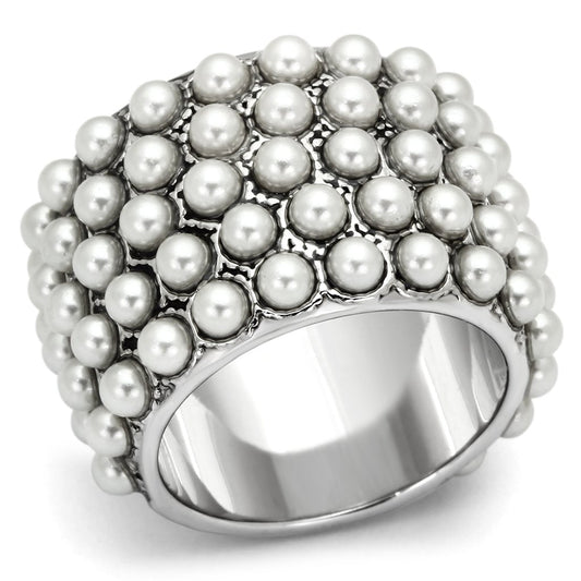 LOA832 - Rhodium Brass Ring with Synthetic Pearl in White-0