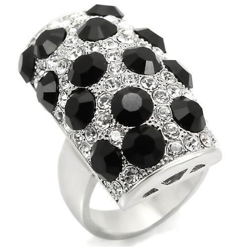 LOA944 - Rhodium Brass Ring with Top Grade Crystal  in Jet-0