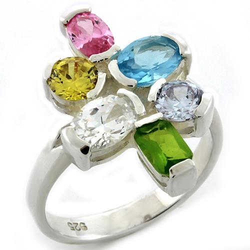 LOAS1075 - High-Polished 925 Sterling Silver Ring with AAA Grade CZ  in Multi Color-0