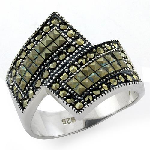 LOAS1100 - Antique Tone 925 Sterling Silver Ring with Semi-Precious Marcasite in Jet-0
