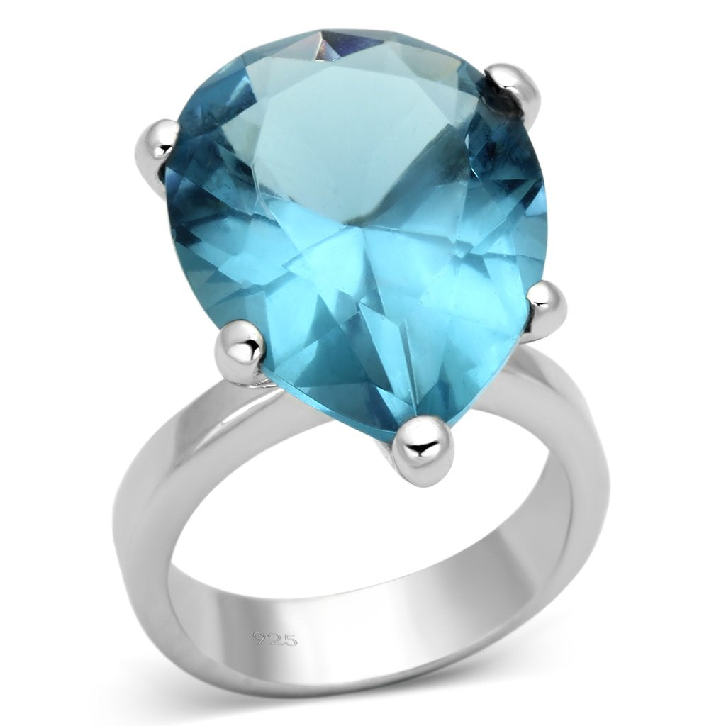 LOAS864 - Rhodium 925 Sterling Silver Ring with Synthetic Synthetic Glass in Sea Blue-0