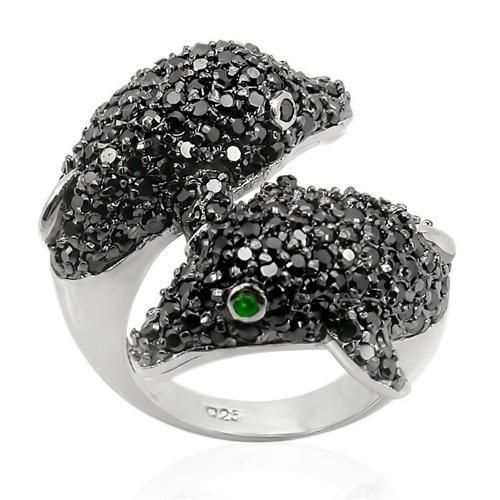 LOS195 - Rhodium + Ruthenium 925 Sterling Silver Ring with Synthetic Synthetic Glass in Emerald-0