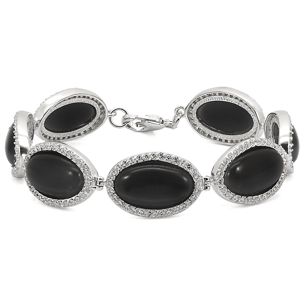 LOS330 - Rhodium 925 Sterling Silver Bracelet with Synthetic Cat Eye in Jet-0