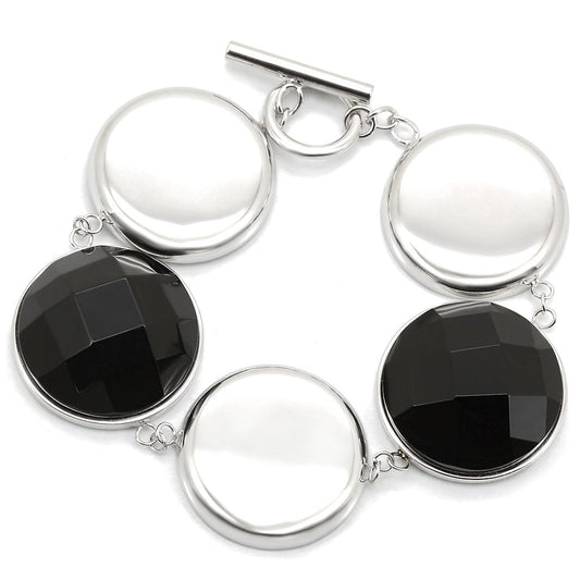 LOS333 - Rhodium 925 Sterling Silver Bracelet with Semi-Precious Agate in Jet-0