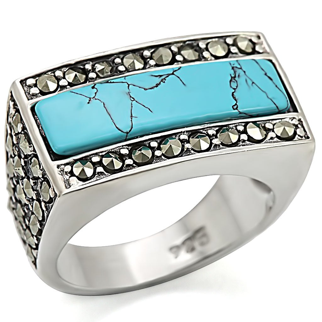LOS461 - Antique Tone 925 Sterling Silver Ring with Synthetic Turquoise in Sea Blue-0