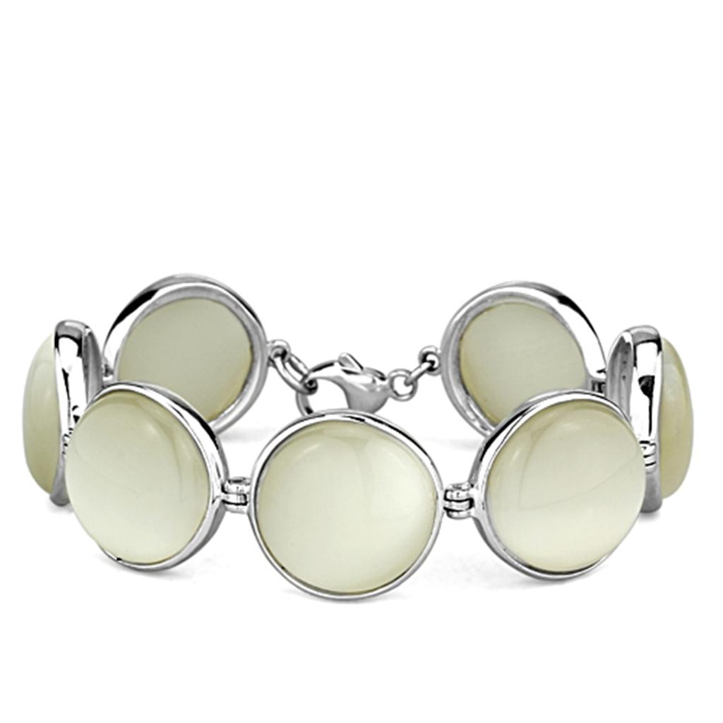 LOS762 - High-Polished 925 Sterling Silver Bracelet with Synthetic Cat Eye in White-0