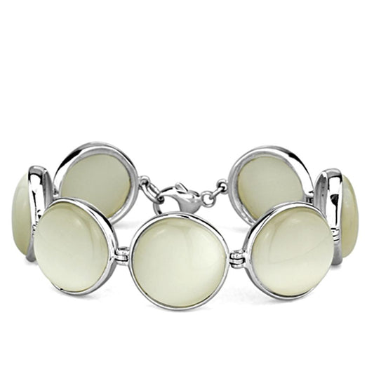 LOS762 - High-Polished 925 Sterling Silver Bracelet with Synthetic Cat Eye in White-0