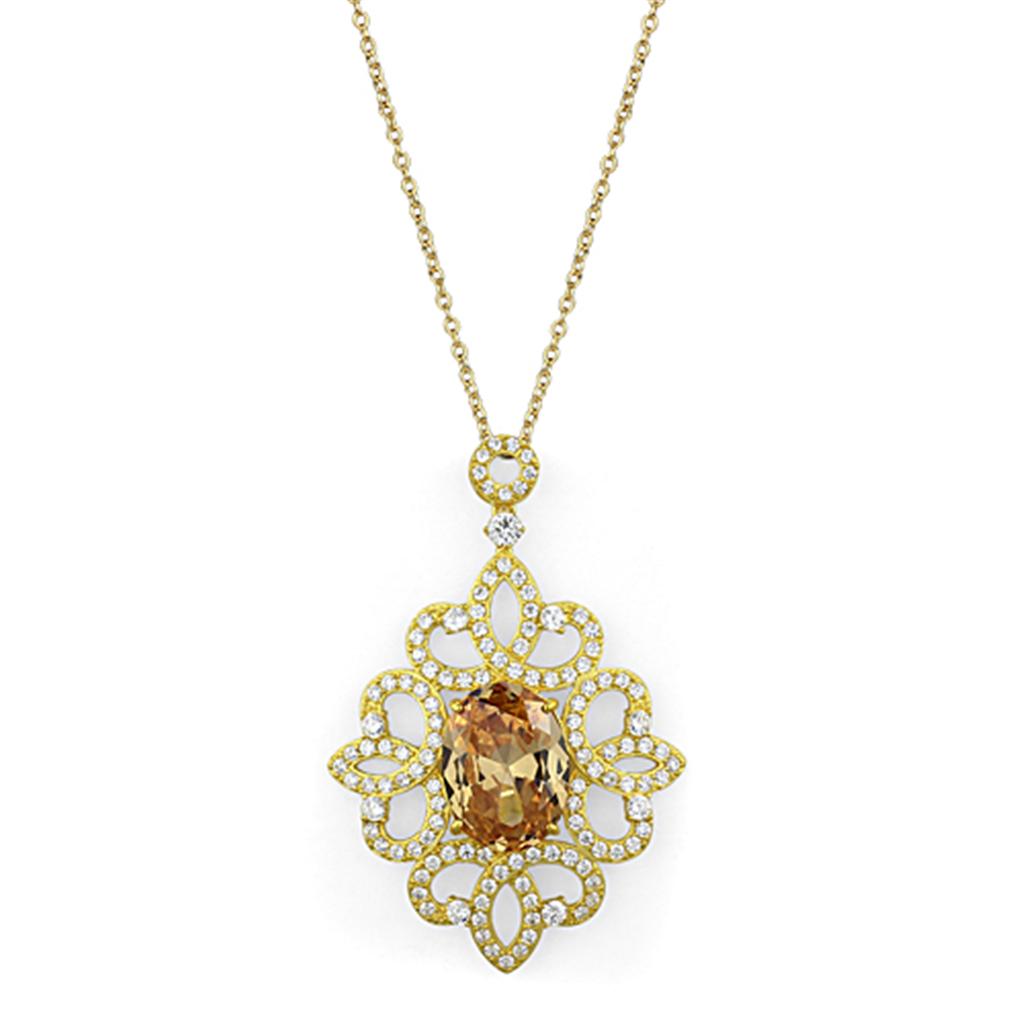 LOS784 - Gold 925 Sterling Silver Chain Pendant with AAA Grade CZ  in Champagne-0