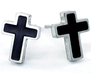 Silver & Black Cross Stainless Steel Mens Earrings ME278-0