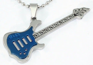 Blue Guitar Music Instrument Stainless Steel Mens Pendant Necklace MP043-0
