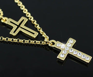 Double Cross Gold Necklace use Austrian Crystal XN202-0