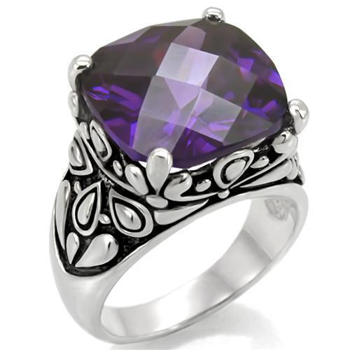 TK016 - High polished (no plating) Stainless Steel Ring with AAA Grade CZ  in Amethyst-0