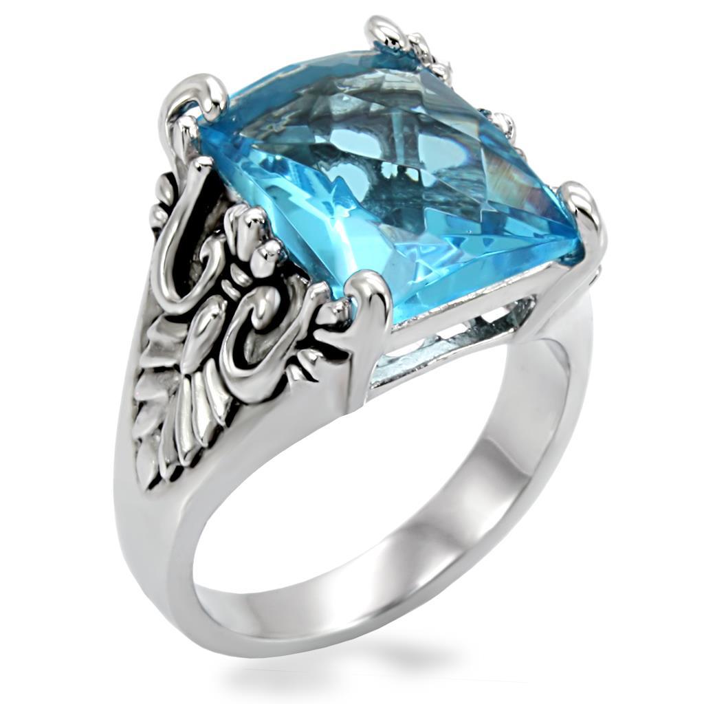 TK021 - High polished (no plating) Stainless Steel Ring with Synthetic Synthetic Glass in Sea Blue-0
