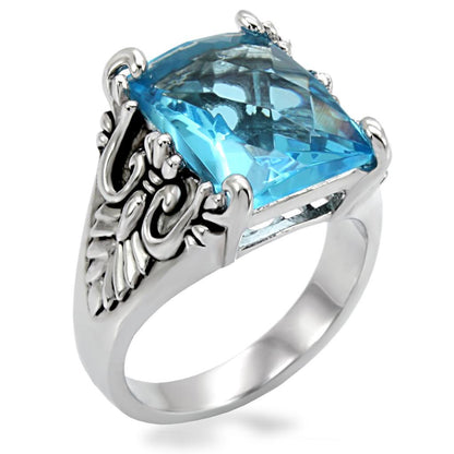 TK021 - High polished (no plating) Stainless Steel Ring with Synthetic Synthetic Glass in Sea Blue-0