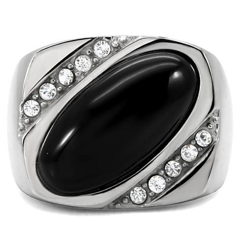 TK02214 - High polished (no plating) Stainless Steel Ring with Semi-Precious Agate in Jet-2