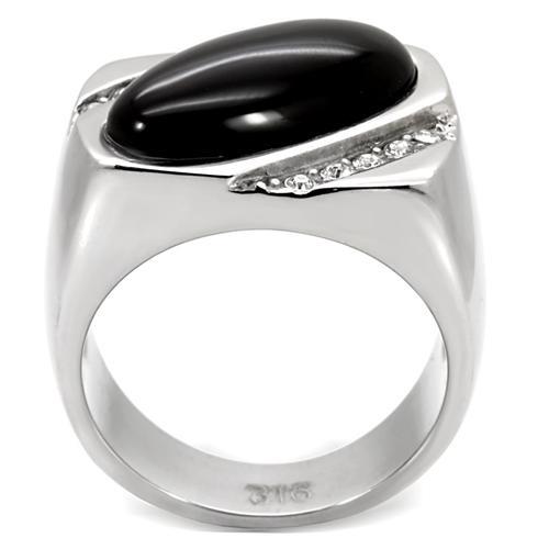 TK02214 - High polished (no plating) Stainless Steel Ring with Semi-Precious Agate in Jet-3