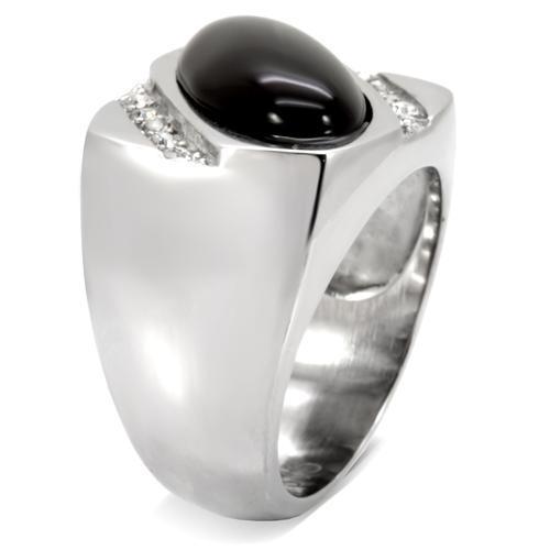 TK02214 - High polished (no plating) Stainless Steel Ring with Semi-Precious Agate in Jet-4