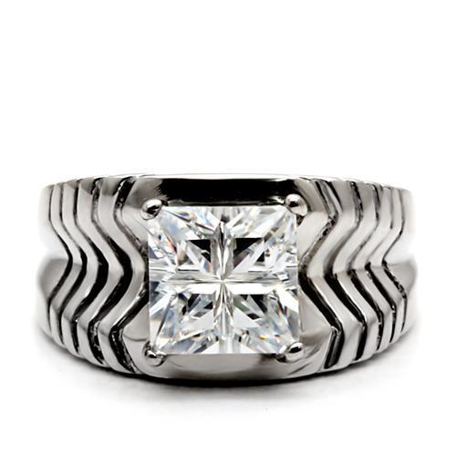 TK028 - High polished (no plating) Stainless Steel Ring with AAA Grade CZ  in Clear-2